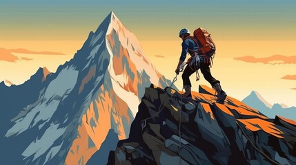 Mountain climber on a steep narrow snow ridge