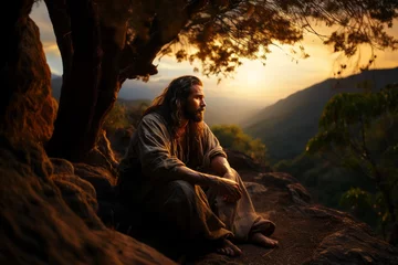 Foto op Canvas Jesus in a serene moment of silent contemplation in the wilderness surrounding Nazareth, portraying a sense of spiritual connection and introspection. Generative Ai © bluebeat76
