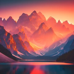 Sunset over a mountain lake