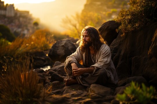 Jesus in a serene moment of silent contemplation in the wilderness surrounding Nazareth, portraying a sense of spiritual connection and introspection. Generative Ai