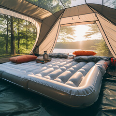 Inflatable bed in a tent. - obrazy, fototapety, plakaty