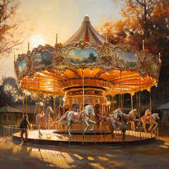 Carousel in an amusement park. - obrazy, fototapety, plakaty