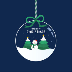 Snow ball on blue background, Christmas greeting card design . Vector illustrations for holiday post graphic with snow man and tree