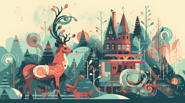 Abstract Christmas illustration with deer and beautiful house. Teal and orange colors, flat retro style