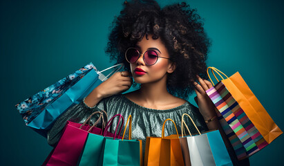 girl with glasses, shopping, packages - obrazy, fototapety, plakaty