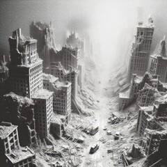 destroyed city grayscale with risograph effect.