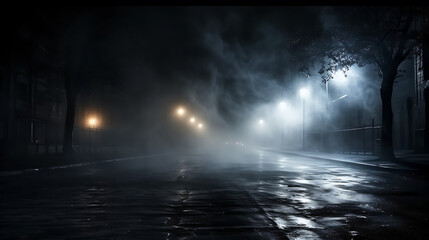 Abstract light in a dark empty street with smoke