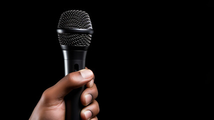 hand holding a microphone isolated on black background