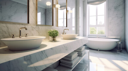 Interior design of marble bathroom with sinks and window. - obrazy, fototapety, plakaty