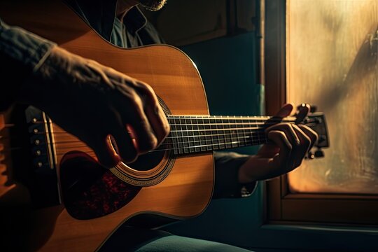 a man is seen practicing an acoustic guitar in front of the window Generative AI