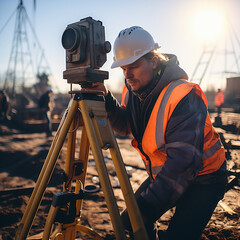 Male Engineer with theodolite transit equipment at a construction site. - obrazy, fototapety, plakaty
