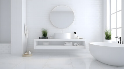Fototapeta na wymiar White bathroom blured interior with white table