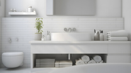 White bathroom blured interior with white table for product display