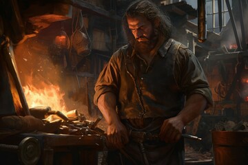 Diligent Blacksmith strong man forge. Workshop job. Generate Ai