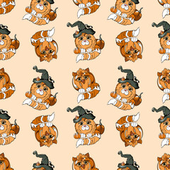 seamless pattern with orange cat for halloween, children pattern, pattern with cat