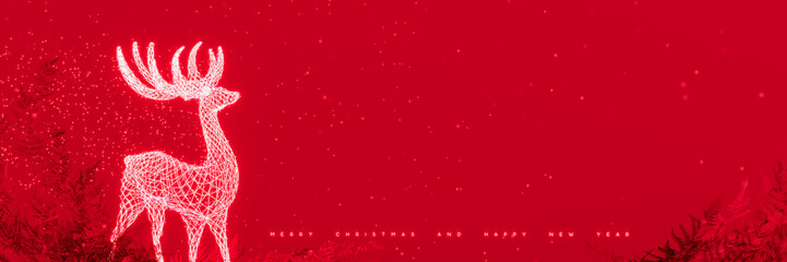 Christmas reindeer glowing decoration with Merry Christmas text and copy space on red background. 3D Rendering, 3D Illustration © hd3dsh