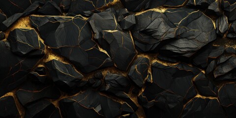 black rock texture with bright shining gold veins, background - obrazy, fototapety, plakaty