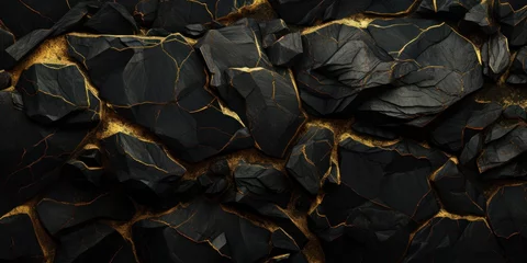 Fotobehang black rock texture with bright shining gold veins, background © Teppi