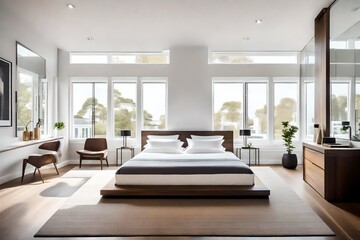 modern living room with furniture, A minimal contemporary style bedroom, with clean lines, neutral colors, and a sense of simplicity - obrazy, fototapety, plakaty