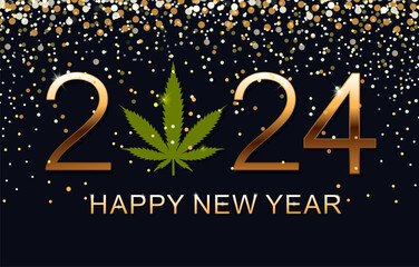Happy New Year 2024. New Year Shining background with marijuana leaf. Vector illustration.