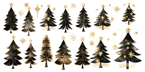 Set of Christmas trees black and gold watercolor vectors