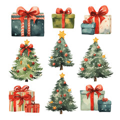 Cute isolated christmas trees and gift box icon vector design set