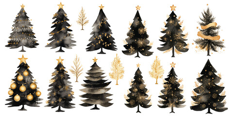 set of christmas trees black and gold watercolor vectors