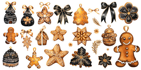 set of black and gold ginger bread watercolor vectors