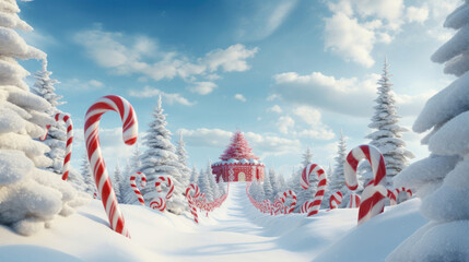 Santa Claus snowmobiling through a forest of giant candy canes and gumdrop trees