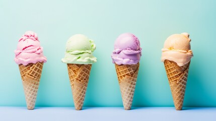 Pastel ice cream in waffle cones, bright background, copy space