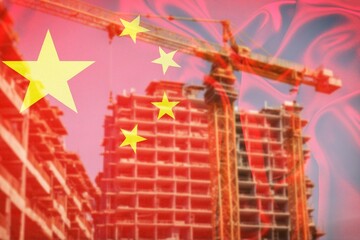 Double exposure of unfinished building and flag of China, AI generated image