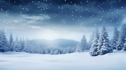 winter night forest background with stars, snowy trees and snow, winter and christmas concept, copy space for text