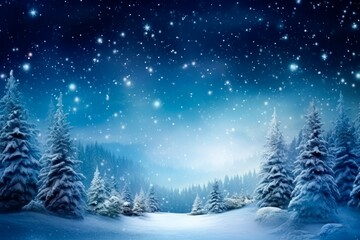 winter night forest background with stars, snowy trees and snow, winter and christmas concept, copy space for text