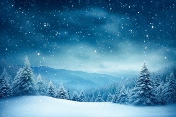 winter night forest background with stars, snowy trees and snow, winter and christmas concept, copy space for text