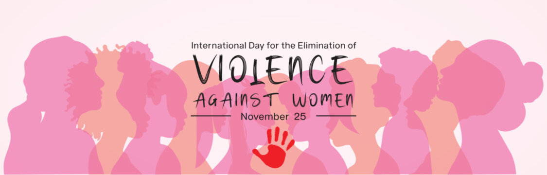 International Day for the Elimination of Violence Against Women banner design. It features silhouette of women in pink and red color. Vector illustration