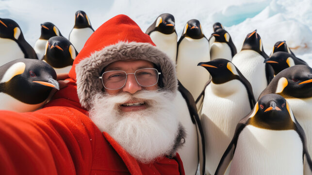 Santa Claus taking a selfie with a group of penguins in Antarctica,  showing off his new friends