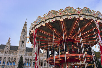 Children Merry-go-round At Christmas Market at Rathausplatz, Vienna, Austria, Weihnachtsmarkt,...