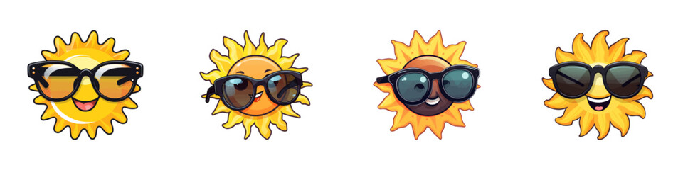 Cartoon sun in black glasses smiling. Vector illustration