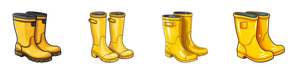 Cartoon yellow rubber rain boots set. Vector illustration