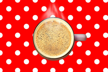Steaming coffee cup with foam top view on polka dot background creative art collage. Hot drink mug. Energy sip Breakfast Coffee to go Latte beverage shop sale discount. Social media advertising design