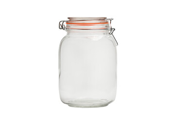 Empty closed glass jar for bulk products isolated on white background.