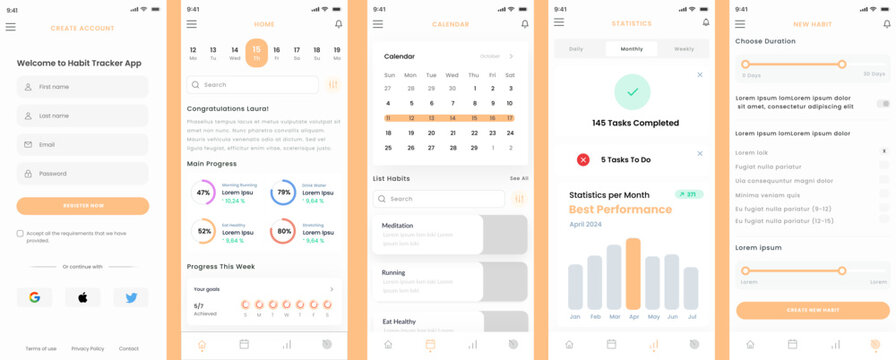 Habit and Health Tracker, Meditation, Exercise  and Running Track App UI Kit Template