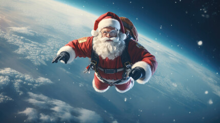 Santa Claus skydiving into a winter wonderland,  his red suit billowing in the wind - obrazy, fototapety, plakaty