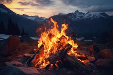Camp fire in the nature. Generative Ai