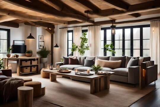 living room interior  design, Explore the interior design of a modern apartment, a living room featuring a cozy sofa and rustic coffee tables
