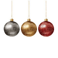Isolated glittered christmas balls in silver, gold, red color vector set