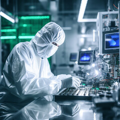 Worker in protective suit working in a semiconductor and microchip factory. - obrazy, fototapety, plakaty