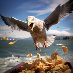 Seagull on the attack stealing food. - obrazy, fototapety, plakaty