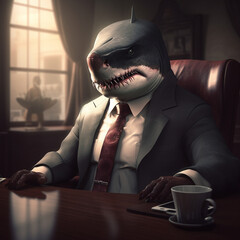 Shark in elegant suit in the office. Business shark concept.