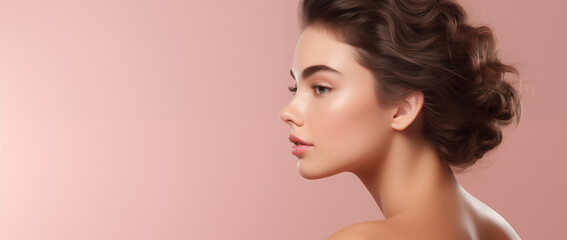 Fototapeta premium Portrait of beautiful young woman with clean fresh skin on pink background